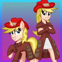 Size: 894x894 | Tagged: safe, artist:whitequartztheartist, imported from derpibooru, oc, oc:fruit draw, pony, unicorn, equestria girls, cowgirl, horn, human ponidox, self ponidox, unicorn oc