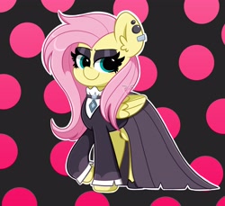 Size: 4096x3755 | Tagged: safe, artist:kittyrosie, imported from derpibooru, fluttershy, pegasus, pony, abstract background, clothes, cute, digital art, dress, ear piercing, earring, eyeshadow, female, fluttergoth, jewelry, lidded eyes, makeup, mare, piercing, raised hoof, shyabetes, smiling, solo