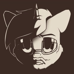 Size: 4096x4096 | Tagged: safe, artist:avery-valentine, imported from derpibooru, pony, unicorn, beard, brown background, bust, facial hair, glasses, looking at you, male, monochrome, portrait, simple background, solo, stallion