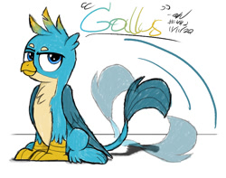 Size: 760x600 | Tagged: safe, artist:johnerose126, imported from derpibooru, gallus, griffon, behaving like a cat, catbird, male, sitting, smiling, solo, tail wag