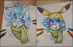 Size: 3045x1970 | Tagged: safe, artist:canadianpancake1, imported from derpibooru, oc, oc:alicja, pikachu, pony, :p, beanie, bust, clothes, cute, glasses, hat, ocbetes, pencil, pokémon, scarf, solo, tongue out, traditional art