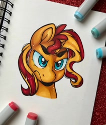 Size: 1280x1517 | Tagged: safe, artist:canadianpancake1, imported from derpibooru, sunset shimmer, unicorn, angry, bust, solo, traditional art