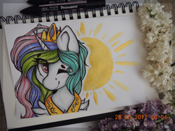 Size: 2828x2121 | Tagged: safe, artist:canadianpancake1, imported from derpibooru, princess celestia, alicorn, bust, cute, cutelestia, one eye closed, solo, sun, traditional art, wink