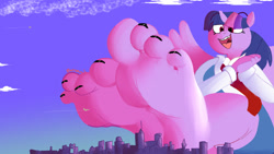 Size: 1280x723 | Tagged: safe, artist:steeromunch, imported from derpibooru, twilight sparkle, alicorn, anthro, plantigrade anthro, 4 toes, aircraft, barefoot, city, cityscape, clasped hands, cloud, commission, delighted, feet, female, fetish, giant anthro, giantess, looking down, macro, nail polish, necktie, simple background, smiling, spread wings, toenail polish, toenails, toes, twilight sparkle (alicorn), wings