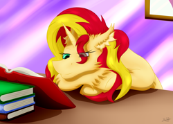 Size: 3373x2417 | Tagged: safe, artist:thebenalpha, imported from derpibooru, sunset shimmer, unicorn, book, ear fluff, reading