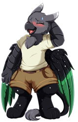 Size: 2550x4009 | Tagged: safe, artist:pridark, imported from derpibooru, oc, oc only, anthro, griffon, absurd resolution, blushing, clothes, colored wings, commission, cute, embarrassed, eyes closed, griffon oc, male, multicolored wings, ocbetes, open mouth, shorts, solo, wings
