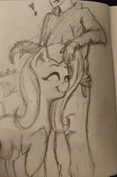 Size: 2176x3305 | Tagged: safe, artist:owlnon, imported from derpibooru, fluttershy, anonymous, doomer, nuzzling, traditional art