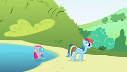 Size: 1920x1090 | Tagged: safe, imported from derpibooru, screencap, pinkie pie, rainbow dash, griffon the brush off, duo, goggles, snorkel, wet, wet mane