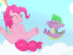 Size: 1400x1050 | Tagged: safe, artist:crystallightfury, imported from derpibooru, pinkie pie, spike, dragon, earth pony, pony, cloud, cloudsdale, cute, diapinkes, duo, eyes closed, female, male, mare, sky, spikabetes