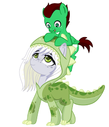 Size: 1200x1400 | Tagged: safe, artist:imposter dude, imported from derpibooru, oc, oc:fossil fluster, oc:northern haste, earth pony, pegasus, pony, derpibooru community collaboration, 2021 community collab, babysitting, clothes, colt, costume, dinosaur costume, kigurumi, male, ponies riding ponies, riding, simple background, transparent background