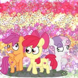 Size: 1080x1080 | Tagged: safe, artist:crossovercartoons, imported from derpibooru, apple bloom, scootaloo, sweetie belle, earth pony, pegasus, pony, unicorn, abstract background, artwork, cute, cutie mark crusaders, digital, digital art, drawing, glitter, happy, shadow, smiling, stars