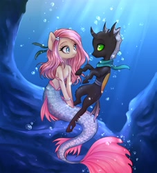 Size: 2000x2200 | Tagged: safe, artist:choipictr, imported from derpibooru, oc, oc:tah'ruk, changeling, mermaid, blue eyes, bubble, green eye, pink fins, pink hair, underwater