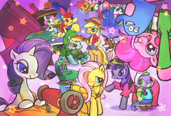 Size: 1000x675 | Tagged: safe, artist:ya-a, imported from derpibooru, apple bloom, applejack, fluttershy, gummy, pinkie pie, princess celestia, princess luna, rainbow dash, rarity, scootaloo, spike, sweetie belle, tank, twilight sparkle, winona, alicorn, dragon, earth pony, pegasus, pony, unicorn, adventure time, bloo (foster's), blossom (powerpuff girls), bubbles (powerpuff girls), buttercup (powerpuff girls), clothes, costume, courage the cowardly dog, cutie mark crusaders, fabric, female, finn the human, foster's home for imaginary friends, frankie foster, leonardo, link, mane seven, mane six, mare, monkey d luffy, one piece, perry the platypus, princess bubblegum, sewing machine, teenage mutant ninja turtles, the legend of zelda, the powerpuff girls, unicorn twilight