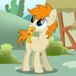 Size: 2500x2500 | Tagged: safe, artist:pizzamovies, imported from derpibooru, oc, oc only, oc:pizzamovies, earth pony, pony, cheese, food, looking at something, male, meat, pepperoni, pepperoni pizza, pizza, ponies eating meat, smiling, solo, stallion