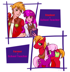 Size: 700x718 | Tagged: safe, artist:ya-a, imported from derpibooru, big macintosh, cheerilee, earth pony, human, pony, cheerimac, diptych, female, humanized, male, mare, shipping, stallion, straight