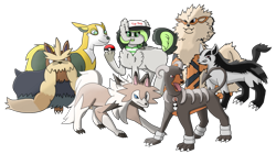 Size: 887x495 | Tagged: safe, artist:solarheclipse, imported from derpibooru, oc, oc:bree jetpaw, arcanine, houndoom, hyena, mightyena, stoutland, boltund, crossover, hat, lycanroc midday, pokémon