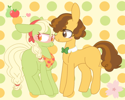 Size: 1046x834 | Tagged: safe, artist:sakurainu2715, imported from derpibooru, grand pear, granny smith, pony, abstract background, blushing, bowtie, female, male, pearsmith, shipping, straight, young grand pear, young granny smith, younger