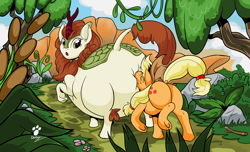 Size: 2896x1759 | Tagged: safe, artist:duragan, imported from derpibooru, applejack, autumn blaze, kirin, sounds of silence, :o, applebutt, autumn blob, blazebutt, bottom heavy, bump, bumping, butt, butt bump, dock, eyes closed, fat, huge butt, large butt, looking back, nose wrinkle, open mouth, surprised, underhoof, walking