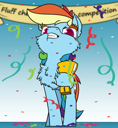 Size: 1500x1626 | Tagged: safe, artist:dacaoo, imported from ponybooru, rainbow dash, pegasus, pony, cheek fluff, chest fluff, confetti, solo, trophy, winner