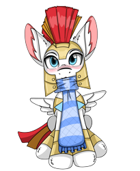 Size: 4003x4877 | Tagged: safe, alternate version, artist:cuddlelamb, imported from derpibooru, oc, oc only, oc:cuddlelamb, pegasus, pony, derpibooru community collaboration, 2021 community collab, armor, big ears, blushing, clothes, helmet, male, royal guard, royal guard armor, scarf, simple background, sitting, solo, stallion, transparent background, white background, wings