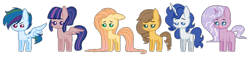 Size: 1012x229 | Tagged: safe, artist:katsshitsyes, imported from derpibooru, oc, oc only, unnamed oc, earth pony, pegasus, pony, unicorn, base used, female, mare, next generation, offspring, parent:applejack, parent:big macintosh, parent:caramel, parent:fancypants, parent:flash sentry, parent:fluttershy, parent:pinkie pie, parent:pokey pierce, parent:rainbow dash, parent:rarity, parent:soarin', parent:twilight sparkle, parents:carajack, parents:flashlight, parents:fluttermac, parents:pokeypie, parents:raripants, parents:soarindash, simple background, transparent background