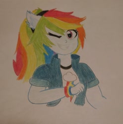 Size: 1819x1836 | Tagged: safe, imported from derpibooru, rainbow dash, equestria girls, faic, one eye closed, photo, smug, smugdash, solo, traditional art, wink