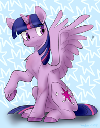 Size: 1500x1900 | Tagged: safe, artist:haden-2375, imported from derpibooru, twilight sparkle, alicorn, pony, abstract background, chest fluff, eye clipping through hair, female, mare, raised hoof, sitting, solo, spread wings, twilight sparkle (alicorn), wings