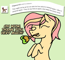 Size: 900x832 | Tagged: safe, artist:ariah101, imported from derpibooru, oc, oc:melony, earth pony, pony, ask pun, ask, caramel apple (food), female, mare, solo