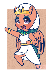 Size: 1182x1588 | Tagged: safe, artist:puetsua, imported from ponybooru, somnambula, anthro, pegasus, unguligrade anthro, blushing, bracelet, chibi, clothes, dress, egyptian, eyeshadow, female, headdress, jewelry, looking at you, makeup, mare, necklace, open mouth, smiling, solo