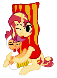 Size: 1359x1852 | Tagged: safe, artist:antique1899, imported from derpibooru, scootaloo, sunset shimmer, bird, chicken, pegasus, pony, unicorn, :p, animal costume, bacon, chicken suit, clothes, costume, cute, digital art, food, hug, meat, pun, scootachicken, shimmerbetes, silly, simple background, tongue out, transparent background, visual pun