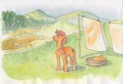 Size: 1000x687 | Tagged: safe, artist:adeptus-monitus, artist:monitus1, imported from derpibooru, oc, oc only, earth pony, pony, clothes line, female, forest, mare, mountain, river, scenery, solo, stream, traditional art, watercolor painting