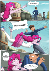 Size: 4961x7016 | Tagged: safe, artist:symptom99, imported from derpibooru, pinkie pie, oc, oc:mazin, comic:mistaken pie-dentity, equestria girls, blushing, bow, clothes, comic, commission, commissioner:imperfectxiii, female, geode of sugar bombs, glomp, hair bow, hat, hug, implied copper plume, magical geodes, male, mistaken identity, pants, rah rah skirt, shirt, shoes, skirt, smiling, speech bubble, sweatshirt, tutu, tututiful, waving