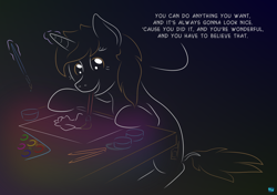 Size: 1134x799 | Tagged: safe, artist:quint-t-w, imported from derpibooru, oc, oc only, oc:dorm pony, pony, unicorn, advice, bob ross, gradient background, horn, magic, minimalist, modern art, motivational, paintbrush, painting, pencil, positive ponies, quote, simple background, solo, table, talking, unicorn oc, watercolour