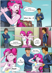 Size: 4961x7016 | Tagged: safe, artist:symptom99, imported from derpibooru, pinkie pie, oc, oc:copper plume, oc:mazin, comic:mistaken pie-dentity, equestria girls, backpack, book, bow, clothes, comic, commission, commissioner:imperfectxiii, dizzy, female, freckles, geode of sugar bombs, glasses, hair bow, magical geodes, male, mistaken identity, pants, rah rah skirt, shirt, skirt, sweatshirt, tutu, tututiful