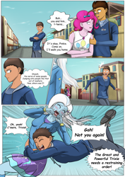 Size: 4961x7016 | Tagged: safe, artist:symptom99, imported from derpibooru, pinkie pie, trixie, oc, oc:copper plume, oc:mazin, comic:mistaken pie-dentity, equestria girls, backpack, blushing, bow, clothes, comic, commission, commissioner:imperfectxiii, female, freckles, geode of sugar bombs, glasses, glomp, hair bow, hug, magical geodes, male, mistaken identity, pants, shirt, skirt, sweatshirt