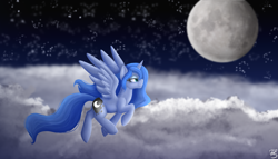 Size: 6321x3612 | Tagged: safe, artist:sevenserenity, imported from derpibooru, princess luna, background, cloud, complex background, improvement, moon, night, night sky, painted, redraw, sky, solo, stars