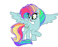 Size: 785x630 | Tagged: safe, artist:circuspaparazzi5678, imported from derpibooru, oc, oc:rainbow blitz, pegasus, pony, derpibooru community collaboration, 2021 community collab, alicorn wings, base used, ear piercing, earring, jewelry, multicolored hair, parent:fluttershy, parent:rainbow dash, piercing, rainbow hair, rainbow makeup, simple background, solo, transparent background