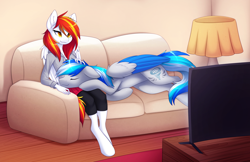 Size: 3884x2522 | Tagged: safe, artist:scarlet-spectrum, imported from derpibooru, oc, oc:diamond sun, oc:hawker hurricane, anthro, pegasus, pony, unguligrade anthro, alternate universe, anthro with ponies, commission, couch, female, hawkmond, male, mare, sleeping, stallion
