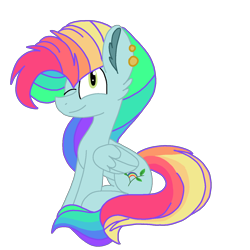 Size: 1378x1378 | Tagged: safe, artist:circuspaparazzi5678, imported from derpibooru, oc, oc:rainbow blitz, pegasus, pony, derpibooru community collaboration, 2021 community collab, ear piercing, earring, jewelry, magical lesbian spawn, multicolored hair, offspring, parent:fluttershy, parent:rainbow dash, piercing, rainbow hair, rainbow makeup, solo