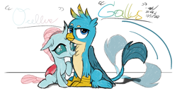 Size: 1100x600 | Tagged: safe, artist:johnerose126, edit, imported from derpibooru, gallus, ocellus, changedling, changeling, griffon, behaving like a cat, catbird, cute, diaocelles, female, luslus, male, shipping, simple background, sitting, smiling, straight, tail wag, white background