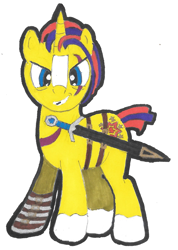 Size: 1021x1431 | Tagged: safe, artist:magicnova, derpibooru exclusive, imported from derpibooru, oc, oc only, oc:starfire blaze, pony, unicorn, derpibooru community collaboration, 2021 community collab, amputee, blaze (coat marking), looking at you, male, prosthetic leg, prosthetic limb, prosthetics, scar, simple background, socks (coat marking), solo, stallion, sword, traditional art, weapon