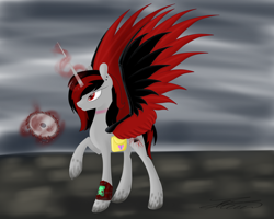 Size: 5000x4000 | Tagged: safe, artist:crystalcontemplator, imported from derpibooru, oc, oc only, alicorn, pony, fallout equestria, alicorn oc, bag, glowing horn, horn, magic, pipbuck, raised hoof, saddle bag, solo, telekinesis, wings