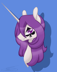 Size: 4000x5000 | Tagged: safe, artist:crystalcontemplator, imported from derpibooru, oc, oc only, pony, unicorn, blue background, bust, horn, signature, simple background, smiling, tattoo, unicorn oc