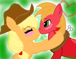 Size: 900x694 | Tagged: safe, artist:harukipaint, imported from derpibooru, applejack, big macintosh, applecest, applemac, blushing, female, incest, kissing, male, shipping, straight
