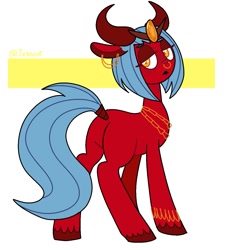 Size: 1253x1372 | Tagged: safe, artist:1racat, imported from derpibooru, oc, oc only, demon, demon pony, original species, pony, ear piercing, horns, looking back, nose piercing, nose ring, piercing, solo, unshorn fetlocks
