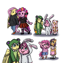 Size: 4000x4000 | Tagged: safe, artist:yonipony, imported from derpibooru, angel bunny, fluttershy, gummy, pinkie pie, oc, oc:candy cloud, oc:crystal darlene, oc:flutter balloon, anthro, plantigrade anthro, blanket, bracelet, clothes, cosplay, costume, dress, eyeshadow, female, fishnets, flutterpie, food, holding hands, hoodie, jeans, jewelry, kigurumi, lesbian, magical lesbian spawn, makeup, mary janes, nightmare night costume, offspring, pants, parent:applejack, parent:fluttershy, parent:pinkie pie, parent:rarity, parents:flutterpie, parents:rarijack, shipping, shoes, skirt, sneakers, strawberry, younger