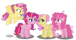 Size: 2528x1341 | Tagged: safe, artist:yonipony, imported from derpibooru, fluttershy, pinkie pie, oc, oc:candy cloud, oc:flutter balloon, earth pony, pegasus, unicorn, base used, family, female, flutterpie, lesbian, magical lesbian spawn, offspring, parent:fluttershy, parent:pinkie pie, parents:flutterpie, shipping, simple background, transparent background