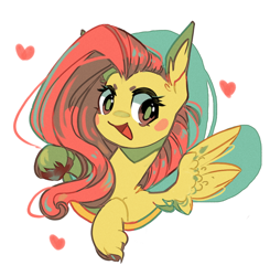 Size: 900x918 | Tagged: safe, artist:duckjifs246, imported from derpibooru, fluttershy, pegasus, pony, blush sticker, blushing, bust, colored hooves, ear fluff, female, heart, looking at you, mare, open mouth, portrait, simple background, smiling, solo, spread wings, three quarter view, unshorn fetlocks, white background, wings