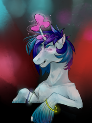 Size: 1500x2000 | Tagged: safe, artist:rrrover, imported from derpibooru, dj pon-3, vinyl scratch, pony, unicorn, bracelet, bust, female, glowing horn, glowstick, hoof fluff, horn, jewelry, mare, solo