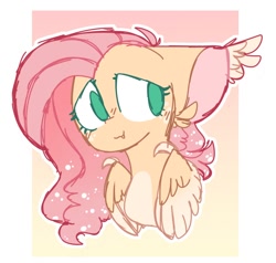 Size: 1000x950 | Tagged: safe, artist:legendarty, imported from derpibooru, fluttershy, pegasus, pony, blushing, bust, ear fluff, ear tufts, fangs, female, floppy ears, folded wings, gradient background, looking away, looking sideways, mare, no pupils, outline, pale belly, portrait, smiling, solo, three quarter view, two toned wings, white outline, wing hooks, wings